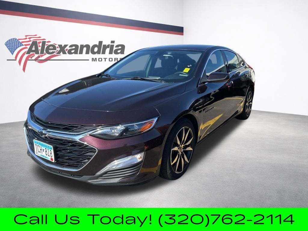 2020 Chevrolet Malibu RS in Black Cherry Metallic — front three-quarter view